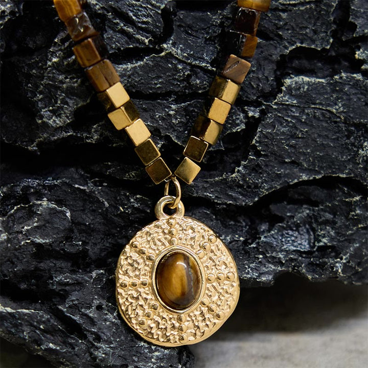 Buddha Stones pendentif en acier titane et pierre naturelle œil de tigre carré de protection