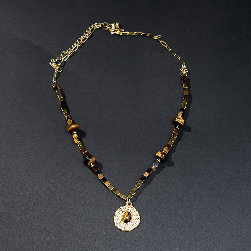Buddha Stones pendentif en acier titane et pierre naturelle œil de tigre carré de protection