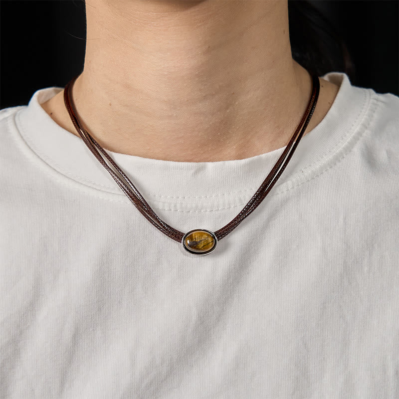 Collier avec pendentif en corde de cire et ellipse en œil de tigre naturel et Buddha Stones