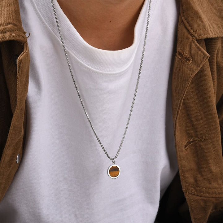 Collier pendentif en acier titane et pierre naturelle de Buddha Stones, turquoise, œil de tigre, lazurite, malachite, purification