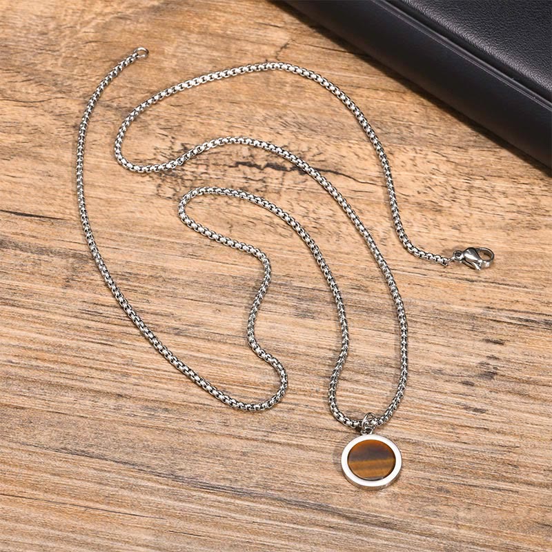 Collier pendentif en acier titane et pierre naturelle de Buddha Stones, turquoise, œil de tigre, lazurite, malachite, purification