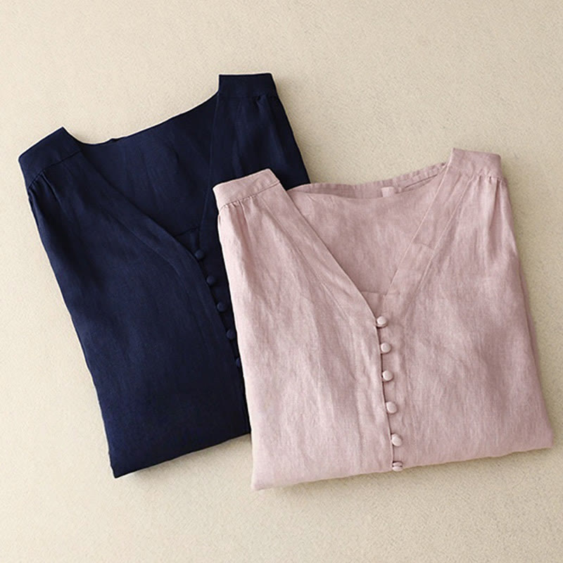 Chemise à manches longues en coton et lin pour femme, motif Buddha Stones , col en V - image 1