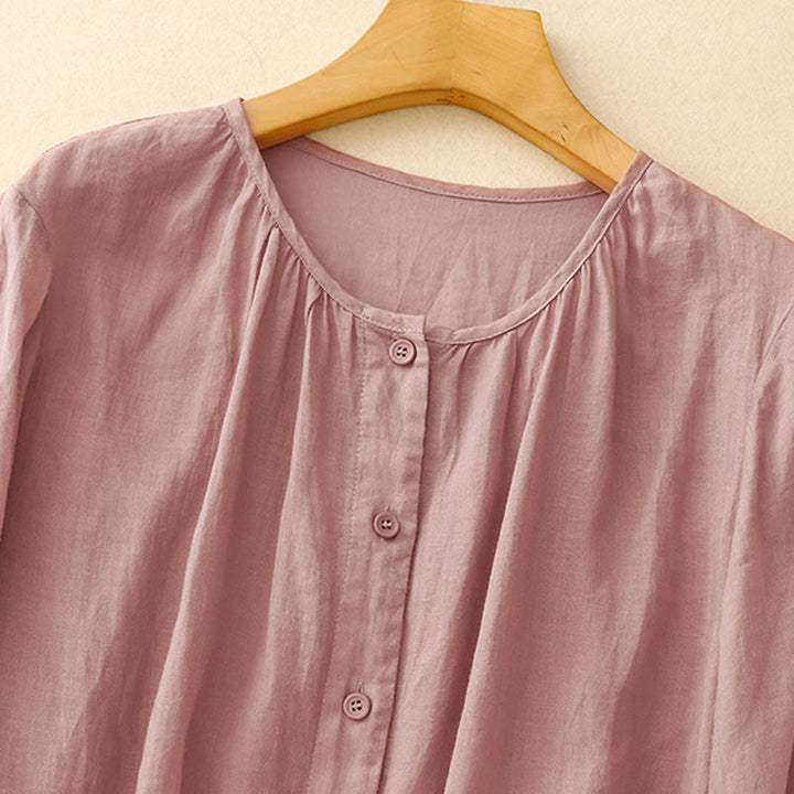 Chemise à manches trois-quarts en coton mélangé pour femme, motif Buddha Stones, col ras du cou et boutons unis - image 6