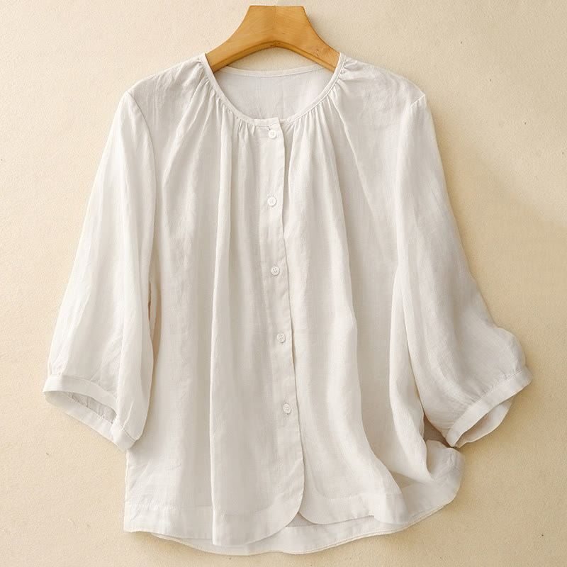 Chemise à manches trois-quarts en coton mélangé pour femme, motif Buddha Stones, col ras du cou et boutons unis - Neige - US14,UK/AU18,EU46 (2XL) - image 11