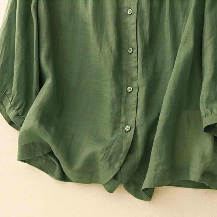 Chemise à manches trois-quarts en coton mélangé pour femme, motif Buddha Stones, col ras du cou et boutons unis - image 25