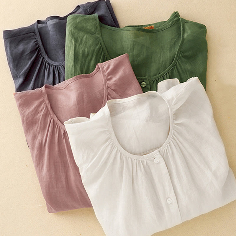 Chemise à manches trois-quarts en coton mélangé pour femme, motif Buddha Stones, col ras du cou et boutons unis - image 27