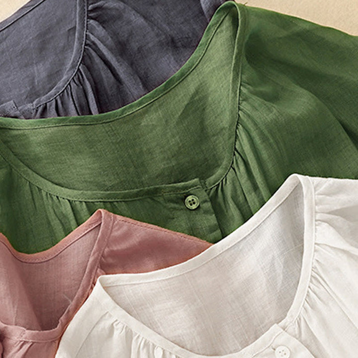 Chemise à manches trois-quarts en coton mélangé pour femme, motif Buddha Stones, col ras du cou et boutons unis - image 28