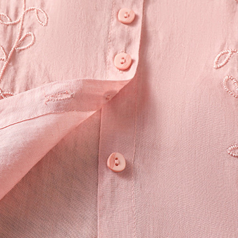 Chemise à manches courtes en coton pour femme avec col montant et boutons brodés de Buddha Stones