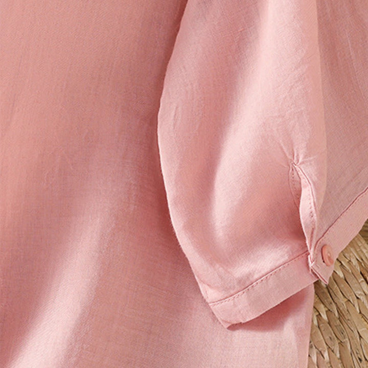 Chemise à manches courtes en coton pour femme avec col montant et boutons brodés de Buddha Stones