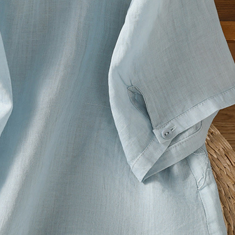 Chemise à manches courtes en coton pour femme avec col montant et boutons brodés de Buddha Stones