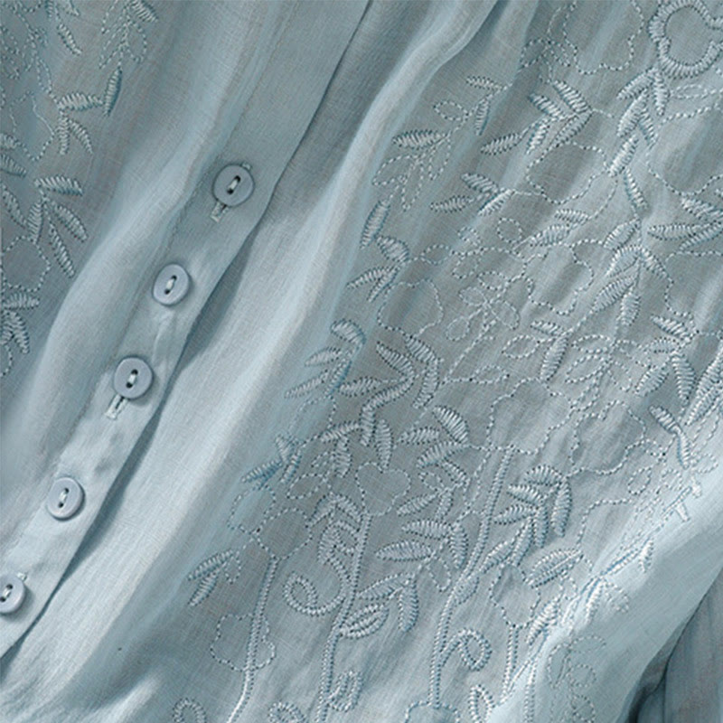 Chemise à manches courtes en coton pour femme avec col montant et boutons brodés de Buddha Stones