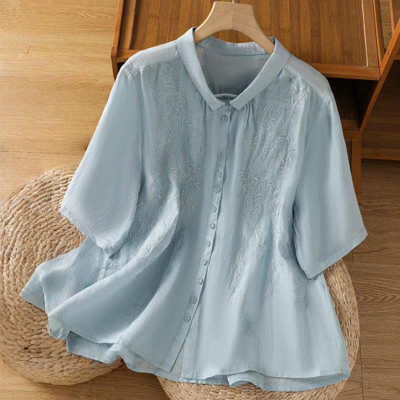 Chemise à manches courtes en coton pour femme avec col montant et boutons brodés de Buddha Stones