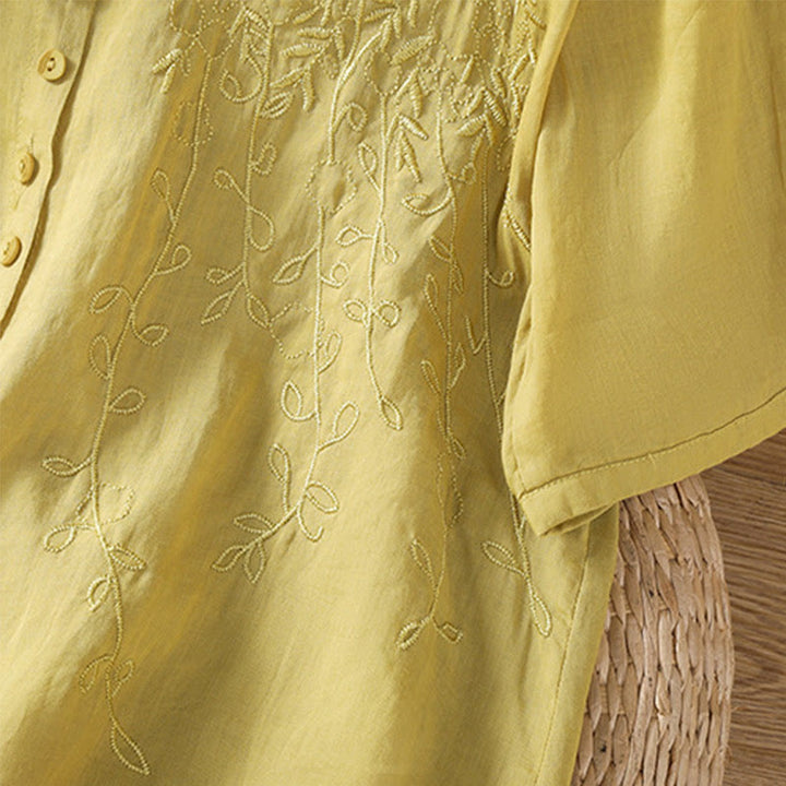 Chemise à manches courtes en coton pour femme avec col montant et boutons brodés de Buddha Stones