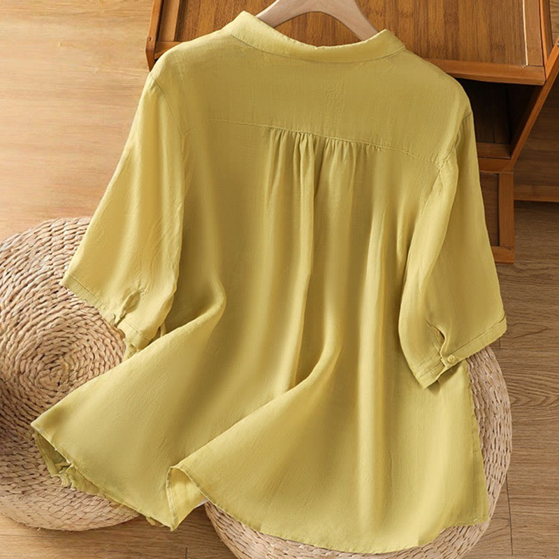 Chemise à manches courtes en coton pour femme avec col montant et boutons brodés de Buddha Stones