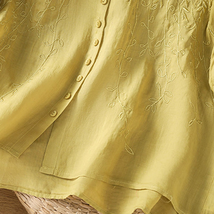 Chemise à manches courtes en coton pour femme avec col montant et boutons brodés de Buddha Stones