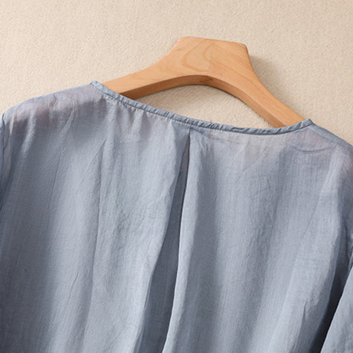 Chemise à manches mi-longues en coton et lin pour femme, motif fleurs brodées, motif Buddha Stones