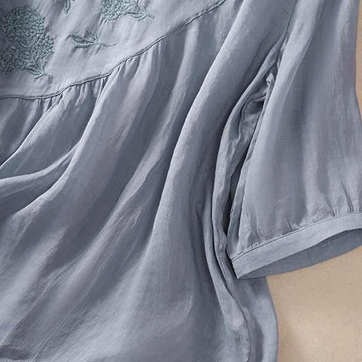 Chemise à manches mi-longues en coton et lin pour femme, motif fleurs brodées, motif Buddha Stones