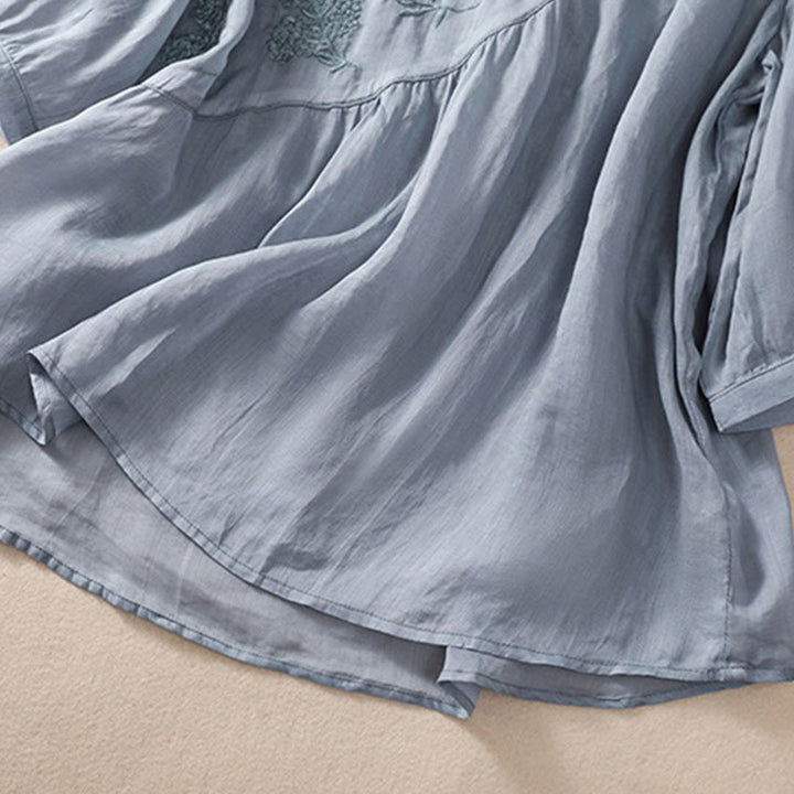 Chemise à manches mi-longues en coton et lin pour femme, motif fleurs brodées, motif Buddha Stones