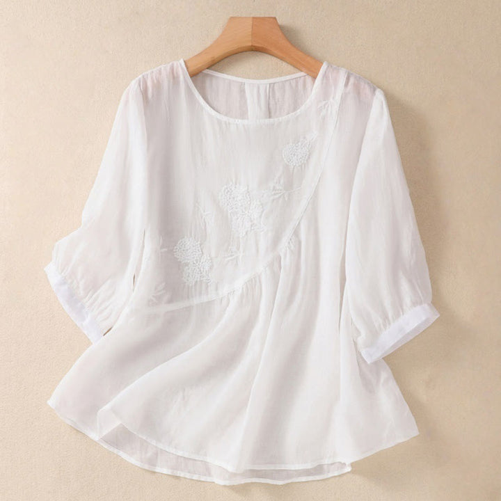 Chemise à manches mi-longues en coton et lin pour femme, motif fleurs brodées, motif Buddha Stones