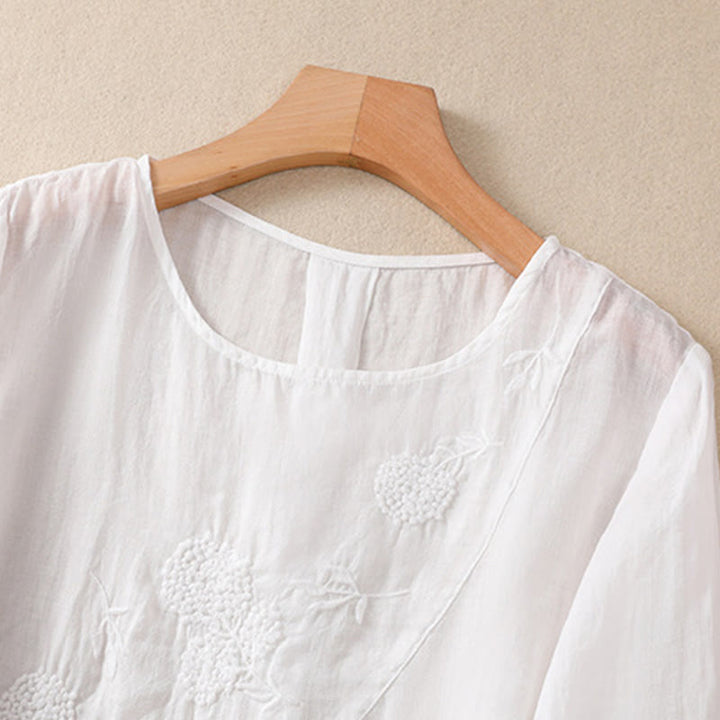 Chemise à manches mi-longues en coton et lin pour femme, motif fleurs brodées, motif Buddha Stones