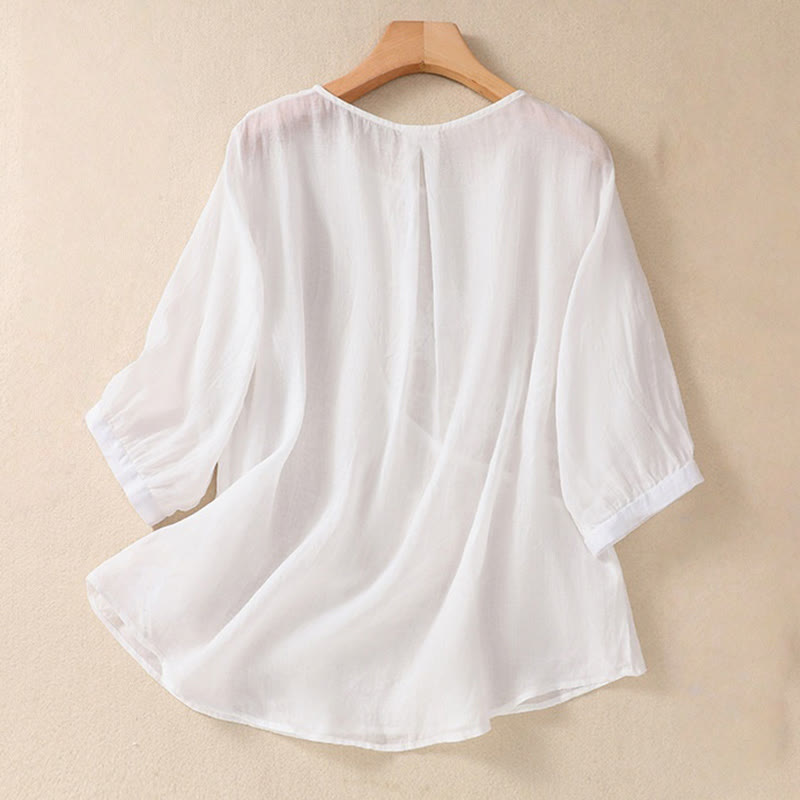 Chemise à manches mi-longues en coton et lin pour femme, motif fleurs brodées, motif Buddha Stones