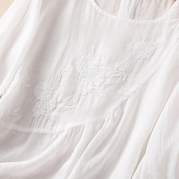 Chemise à manches mi-longues en coton et lin pour femme, motif fleurs brodées, motif Buddha Stones