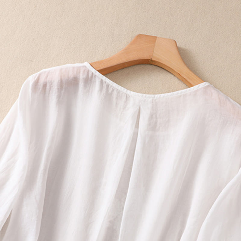 Chemise à manches mi-longues en coton et lin pour femme, motif fleurs brodées, motif Buddha Stones