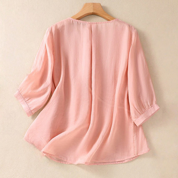 Chemise à manches mi-longues en coton et lin pour femme, motif fleurs brodées, motif Buddha Stones