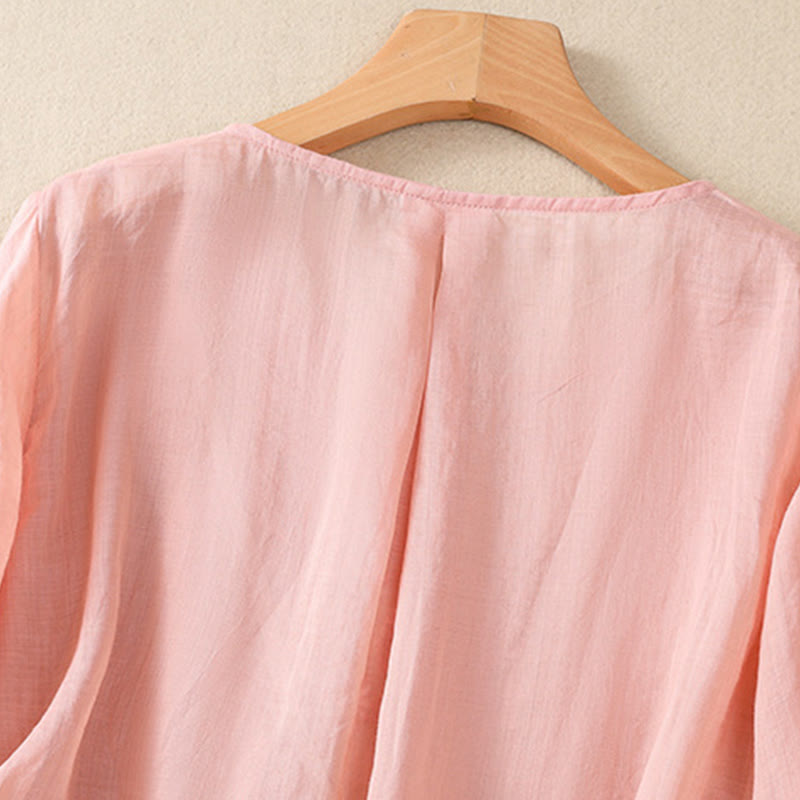 Chemise à manches mi-longues en coton et lin pour femme, motif fleurs brodées, motif Buddha Stones