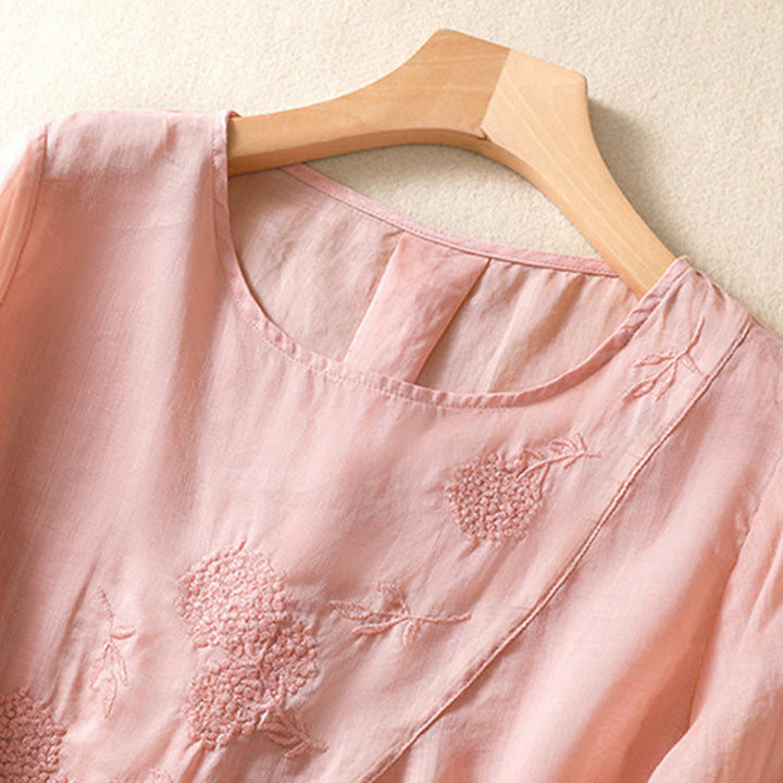 Chemise à manches mi-longues en coton et lin pour femme, motif fleurs brodées, motif Buddha Stones