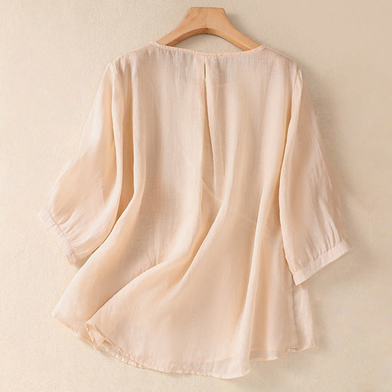 Chemise à manches mi-longues en coton et lin pour femme, motif fleurs brodées, motif Buddha Stones