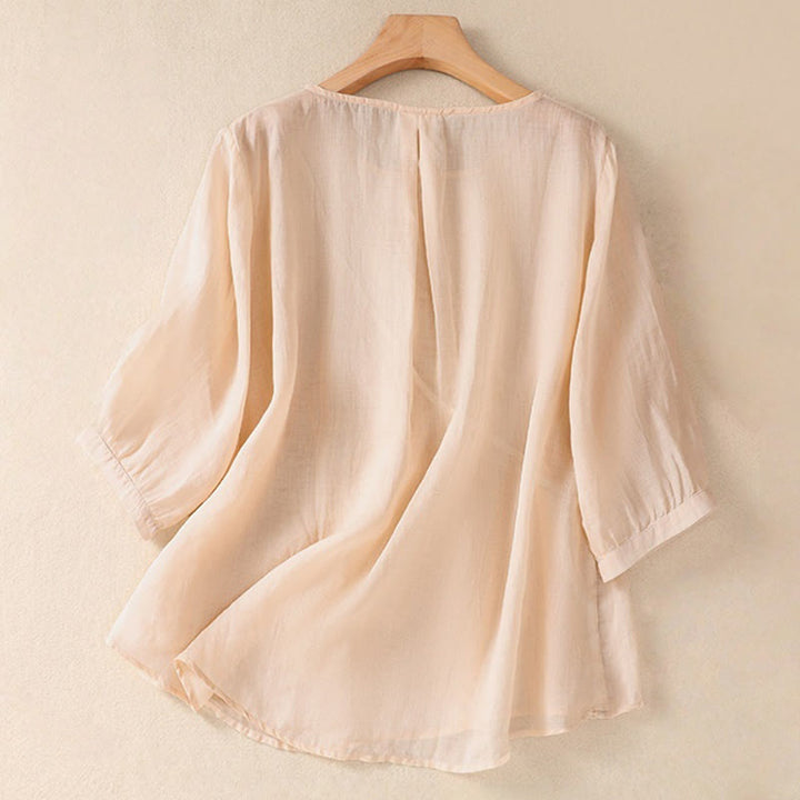 Chemise à manches mi-longues en coton et lin pour femme, motif fleurs brodées, motif Buddha Stones