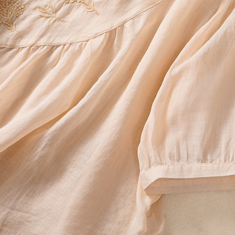 Chemise à manches mi-longues en coton et lin pour femme, motif fleurs brodées, motif Buddha Stones