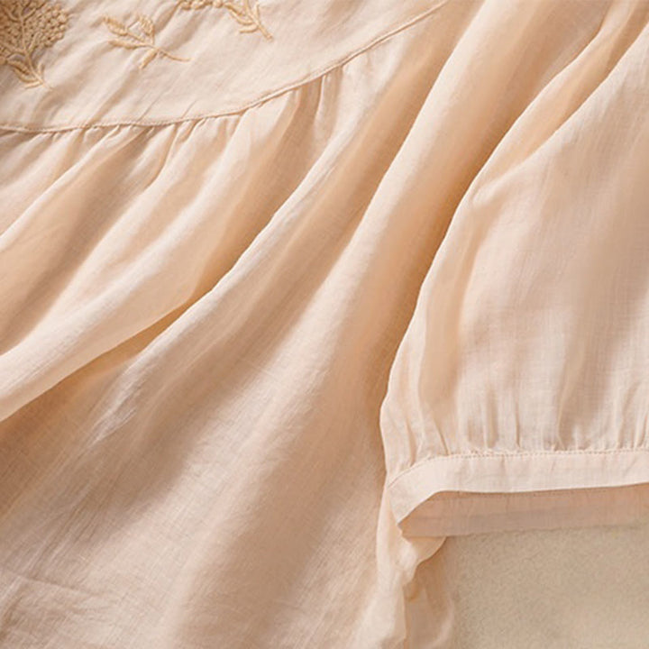 Chemise à manches mi-longues en coton et lin pour femme, motif fleurs brodées, motif Buddha Stones