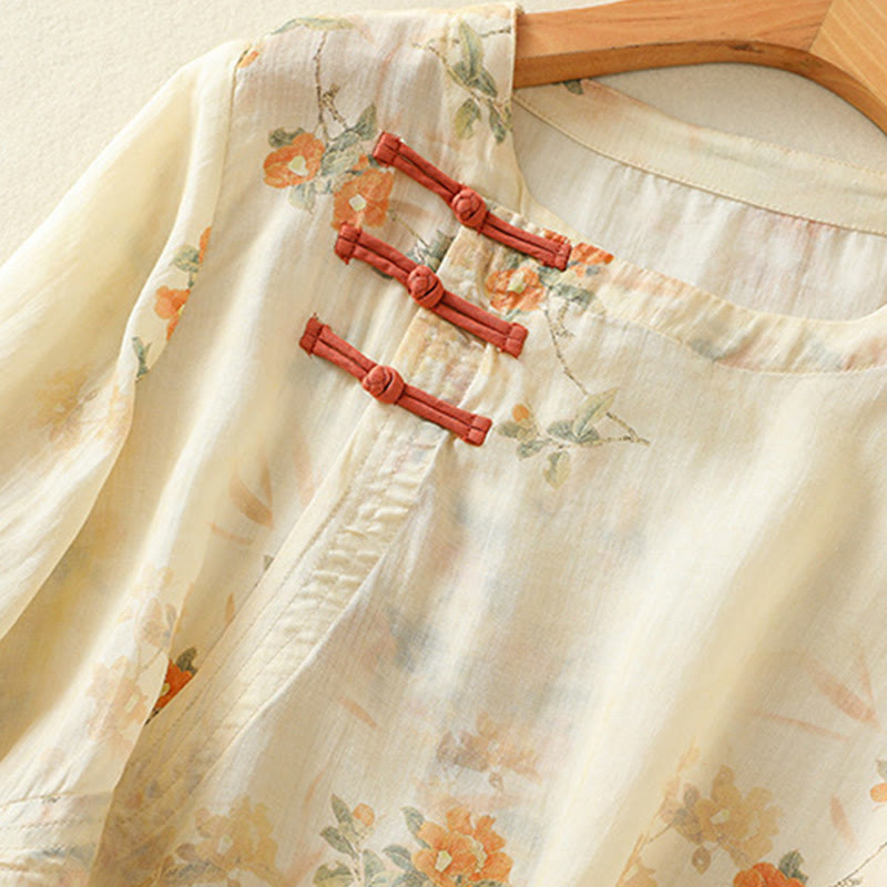 Chemise à manches trois-quarts en polyester pour femme, col ras du cou, imprimé plantes et Buddha Stones , motif grenouille - image 4