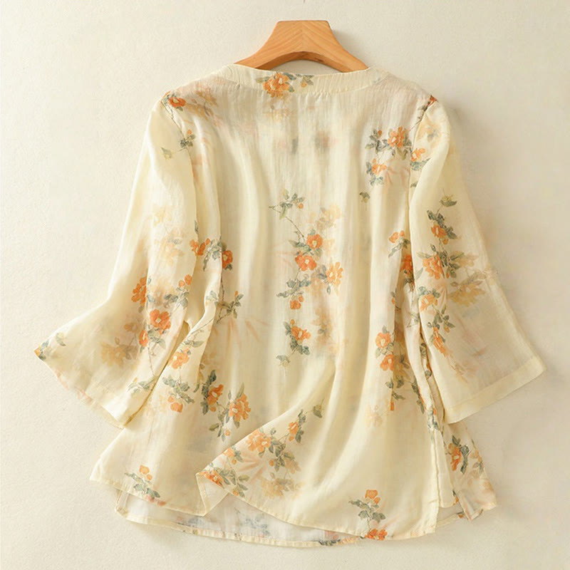 Chemise à manches trois-quarts en polyester pour femme, col ras du cou, imprimé plantes et Buddha Stones , motif grenouille - image 1