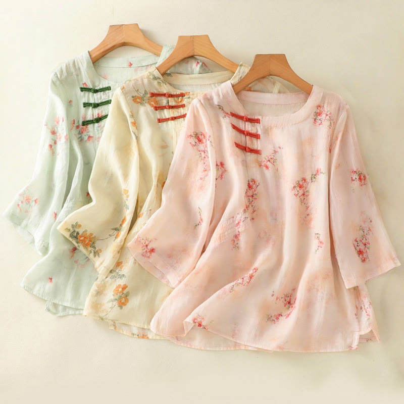 Chemise à manches trois-quarts en polyester pour femme, col ras du cou, imprimé plantes et Buddha Stones , motif grenouille - image 24