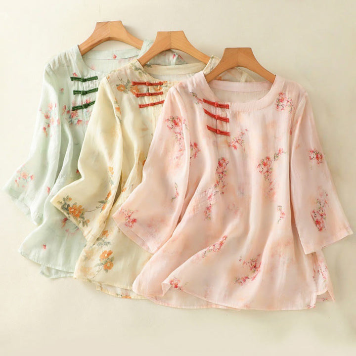 Chemise à manches trois-quarts en polyester pour femme, col ras du cou, imprimé plantes et Buddha Stones , motif grenouille - image 24