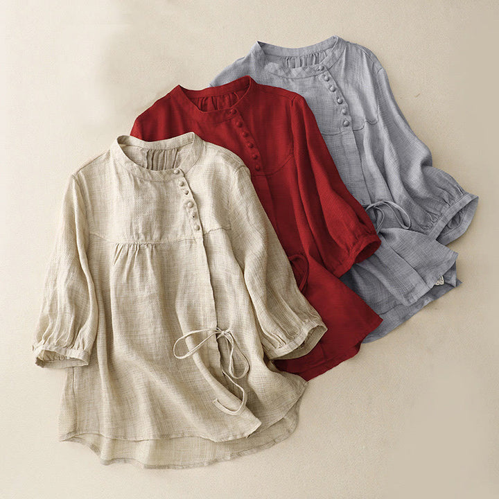 Chemise à manches trois-quarts en coton et lin pour femme, avec boutons à lacets et Buddha Stones - image 1