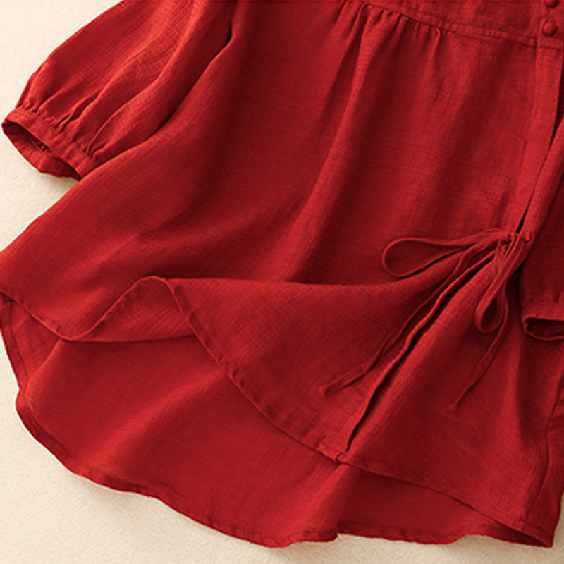 Chemise à manches trois-quarts en coton et lin pour femme, avec boutons à lacets et Buddha Stones - image 16