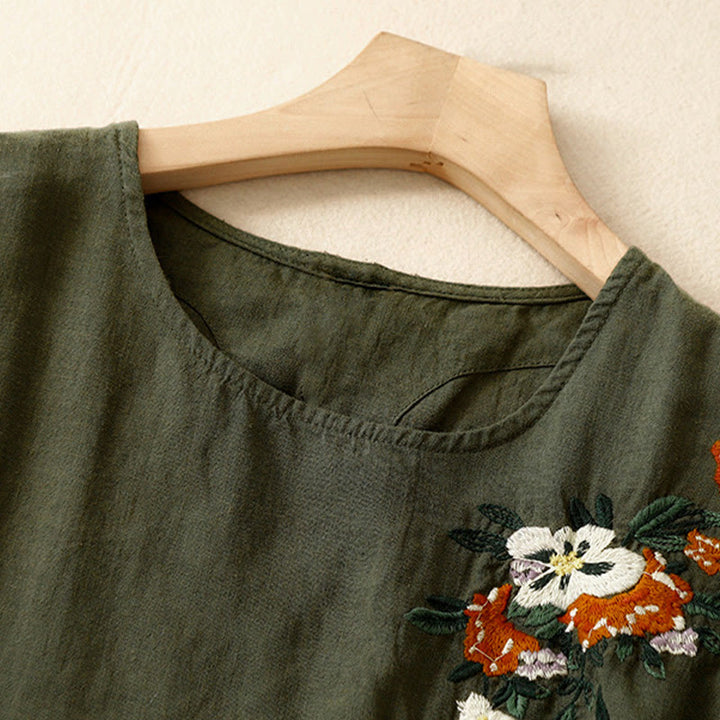 T-shirt d'été décontracté à manches courtes et col rond brodé Buddha Stones pour femme