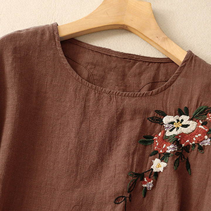 T-shirt d'été décontracté à manches courtes et col rond brodé Buddha Stones pour femme