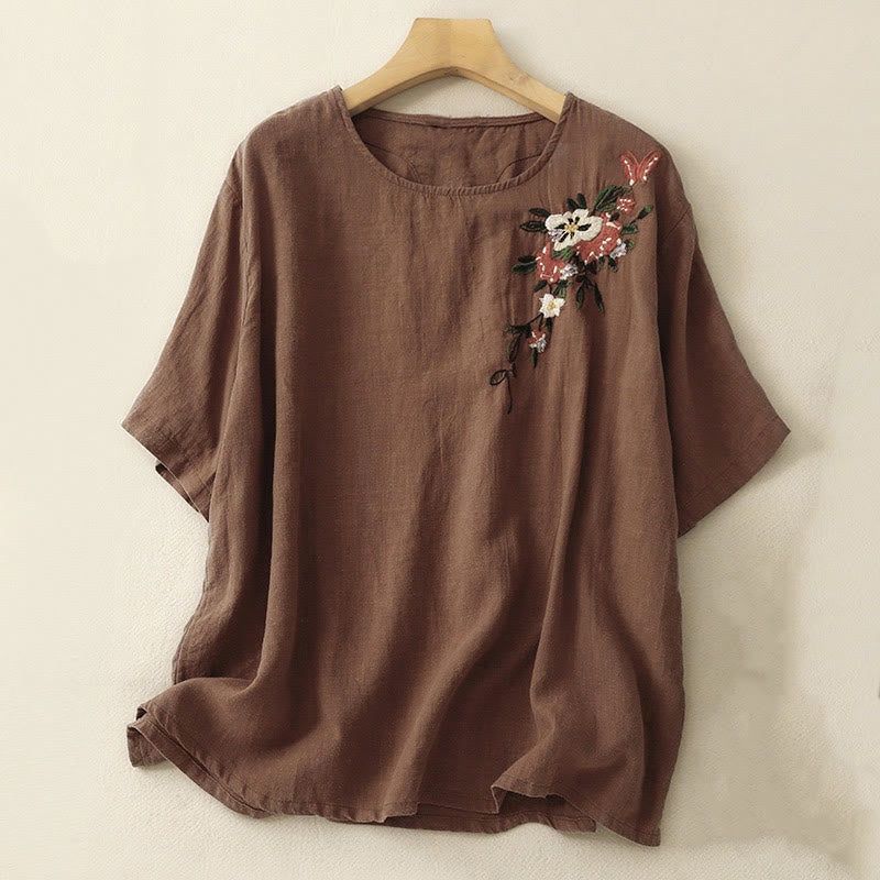 T-shirt d'été décontracté à manches courtes et col rond brodé Buddha Stones pour femme