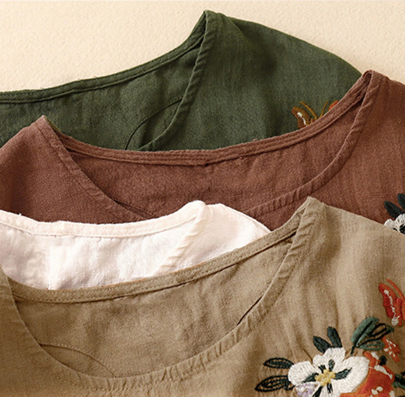 T-shirt d'été décontracté à manches courtes et col rond brodé Buddha Stones pour femme