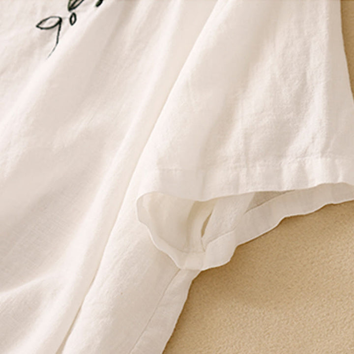 T-shirt d'été décontracté à manches courtes et col rond brodé Buddha Stones pour femme