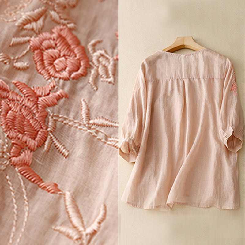 Chemise à manches trois-quarts en coton et lin pour femme, motif brodé de roses et de Buddha Stones - image 6