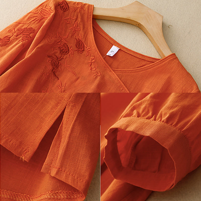 Chemise à manches trois-quarts en coton et lin pour femme, motif brodé de roses et de Buddha Stones - image 10