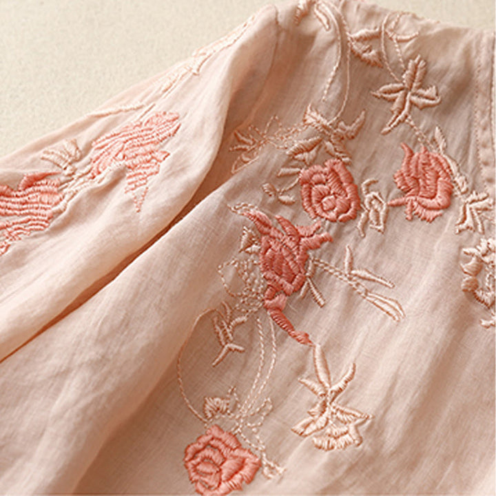 Chemise à manches trois-quarts en coton et lin pour femme, motif brodé de roses et de Buddha Stones - image 3