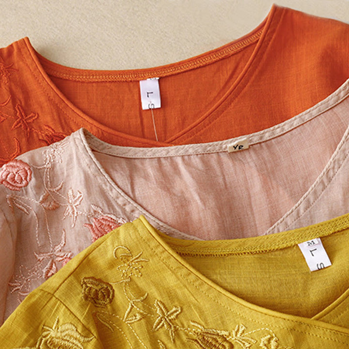 Chemise à manches trois-quarts en coton et lin pour femme, motif brodé de roses et de Buddha Stones - image 16