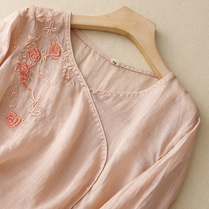 Chemise à manches trois-quarts en coton et lin pour femme, motif brodé de roses et de Buddha Stones - image 1